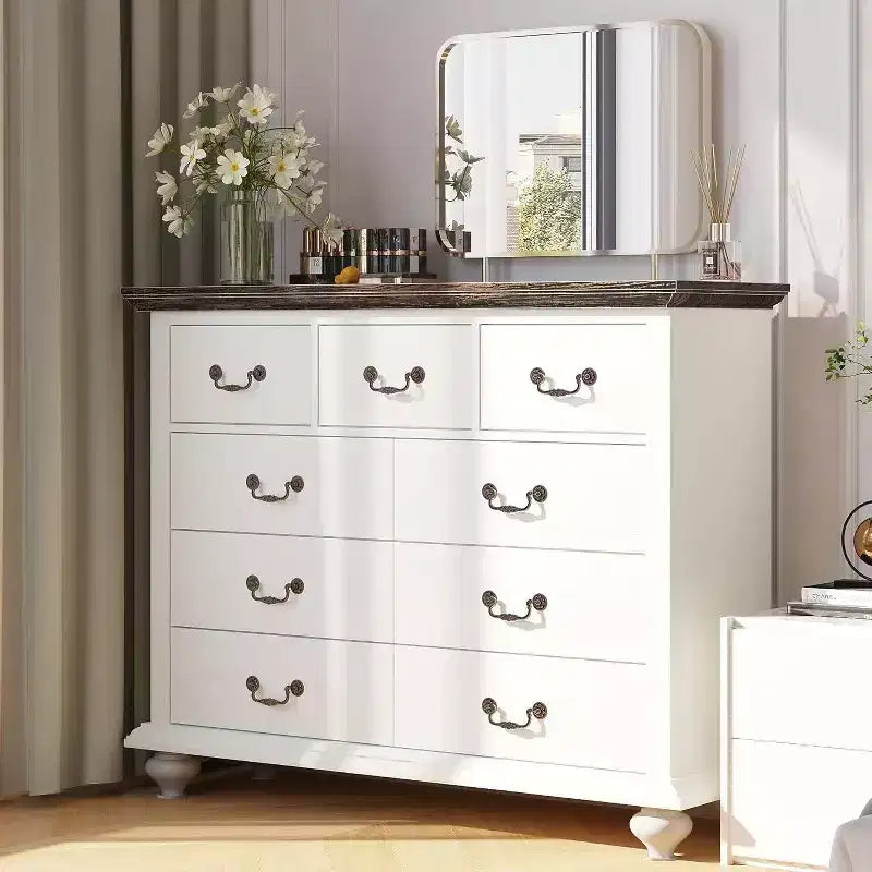 9-Drawer Farmhouse Dresser - Rustic Storage Chest with Metal Handles for Bedroom & Living Room