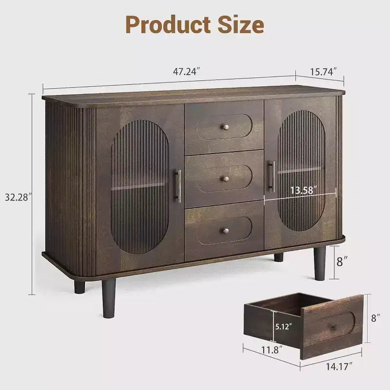 Buffet Mid-century de 119 cm – 2 portes, 3 tiroirs, étagères réglables, noyer