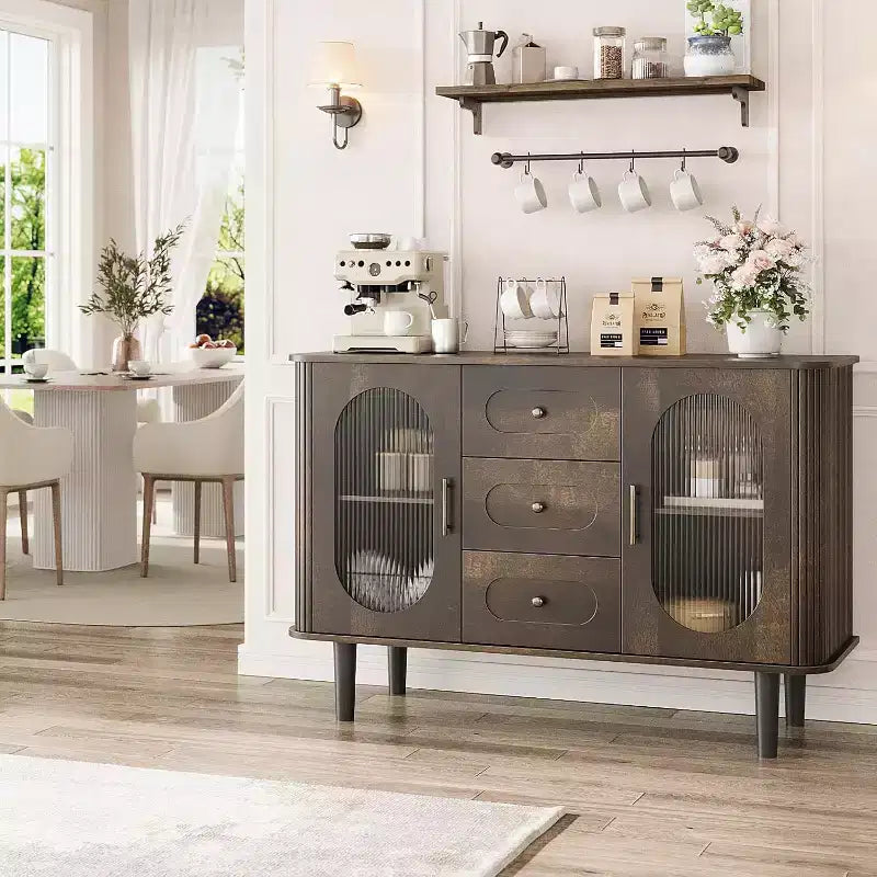 Buffet Mid-century de 119 cm – 2 portes, 3 tiroirs, étagères réglables, noyer