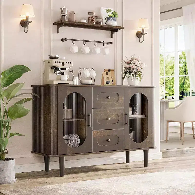 Buffet Mid-century de 119 cm – 2 portes, 3 tiroirs, étagères réglables, noyer