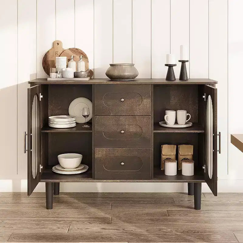 Buffet Mid-century de 119 cm – 2 portes, 3 tiroirs, étagères réglables, noyer