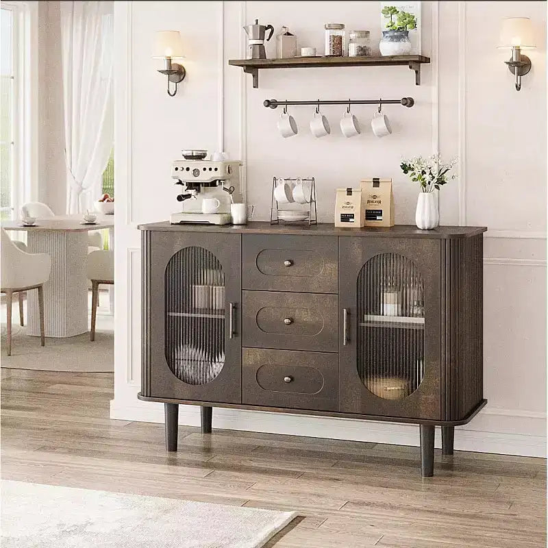 Buffet Mid-century de 119 cm – 2 portes, 3 tiroirs, étagères réglables, noyer