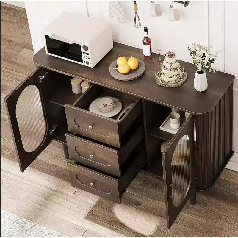 Buffet Mid-century de 119 cm – 2 portes, 3 tiroirs, étagères réglables, noyer