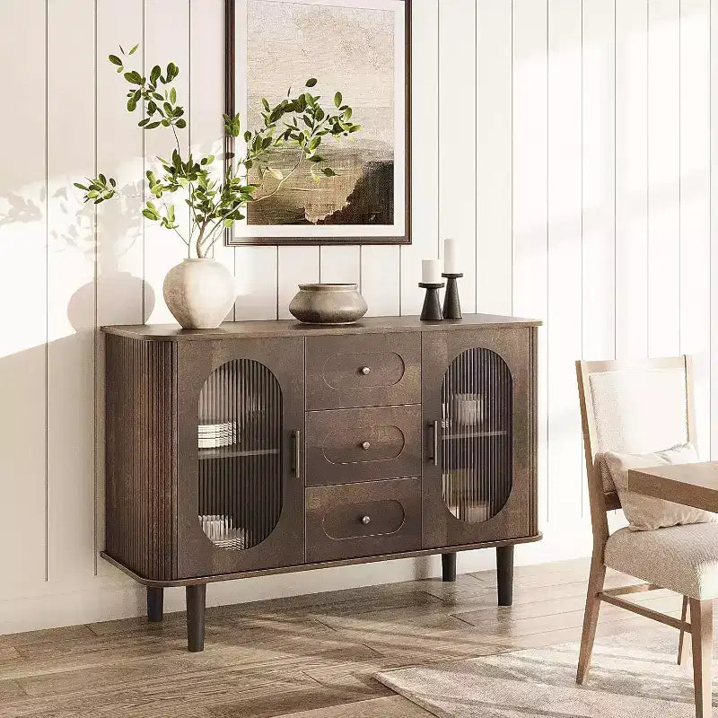 47 Sideboard Buffet Cabinet with 2 Doors & 3 Drawers - Modern Mid-Century Credenza Storage with Adjustable Shelves for Kitchen, Dining Room, Walnut
