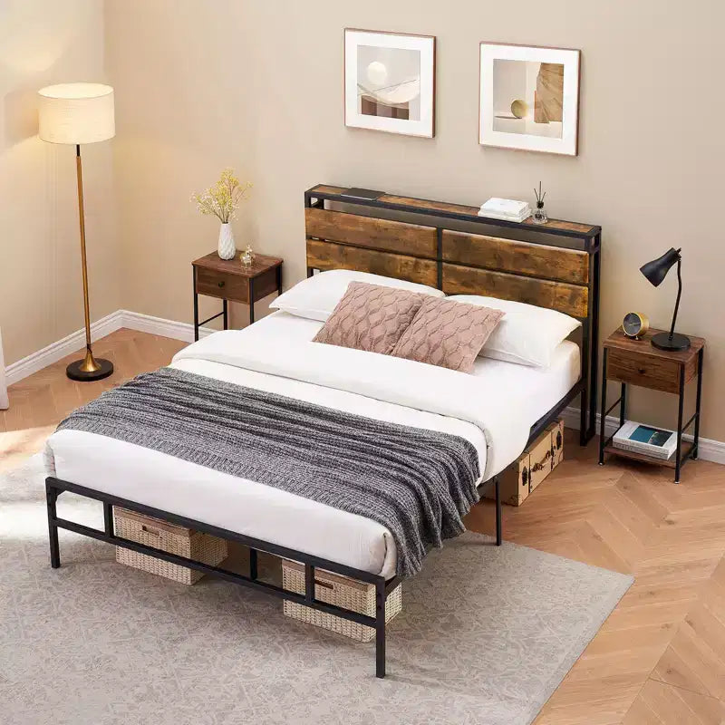 14 Inch Full Size Metal Bed Frame with Wooden Headboard and Storage, No Box Spring Needed, Steel Slat Support, Under Bed Storage Easy Assembly