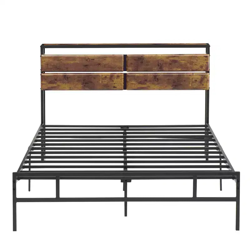 Cadre de lit double en métal 14'' avec tête de lit en bois et rangement sous le lit – Sommier tapissier non requis