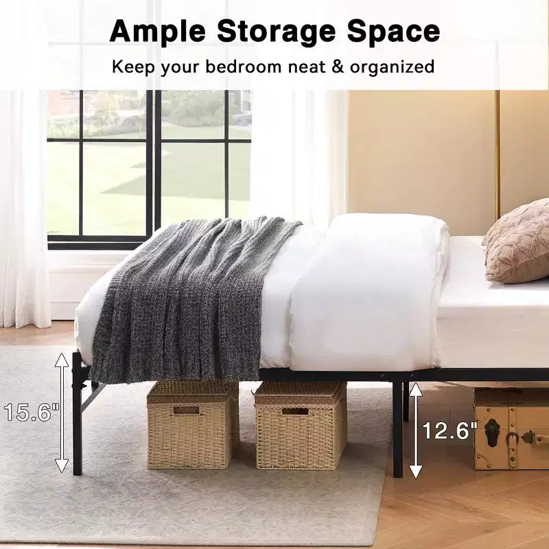 Cadre de lit double en métal 14'' avec tête de lit en bois et rangement sous le lit – Sommier tapissier non requis