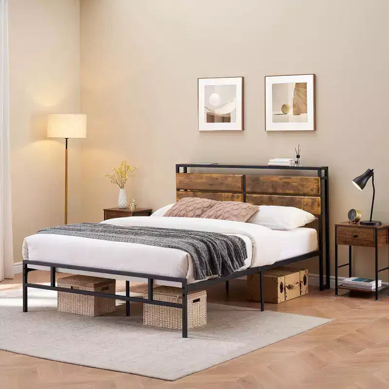 14'' Full Size Metal Bed Frame with Wooden Headboard & Under-Bed Storage – No Box Spring Needed