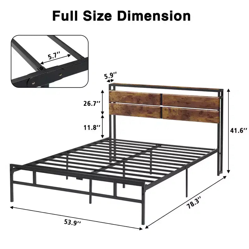 Cadre de lit double en métal 14'' avec tête de lit en bois et rangement sous le lit – Sommier tapissier non requis