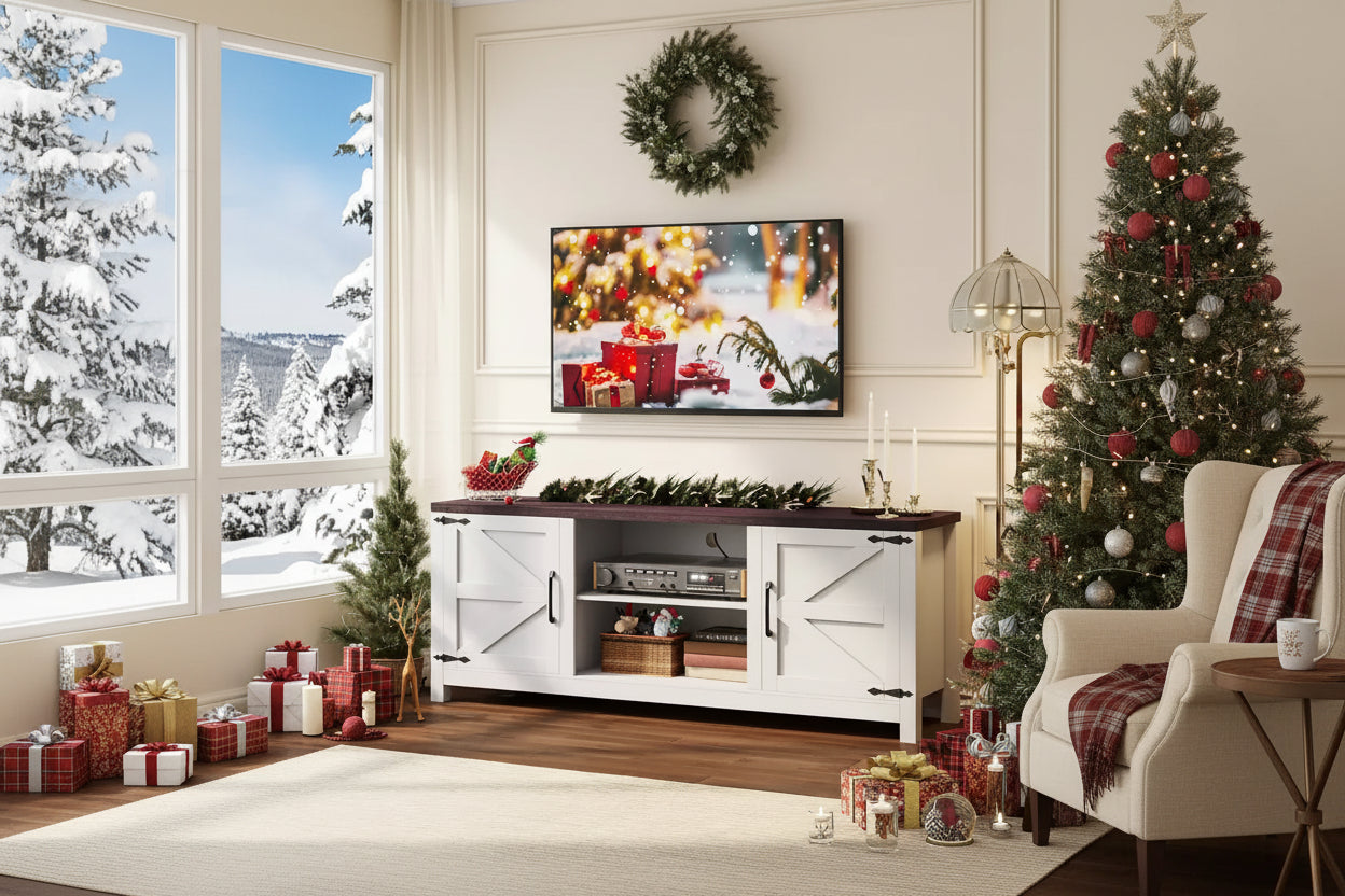 EROMMY 66 Wood TV Stand With Farmhouse Doors & Adjustable Shelves