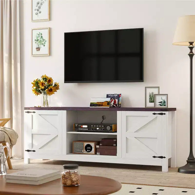 66'' Farmhouse Wood TV Stand with Doors & Adjustable Shelves – Media Console