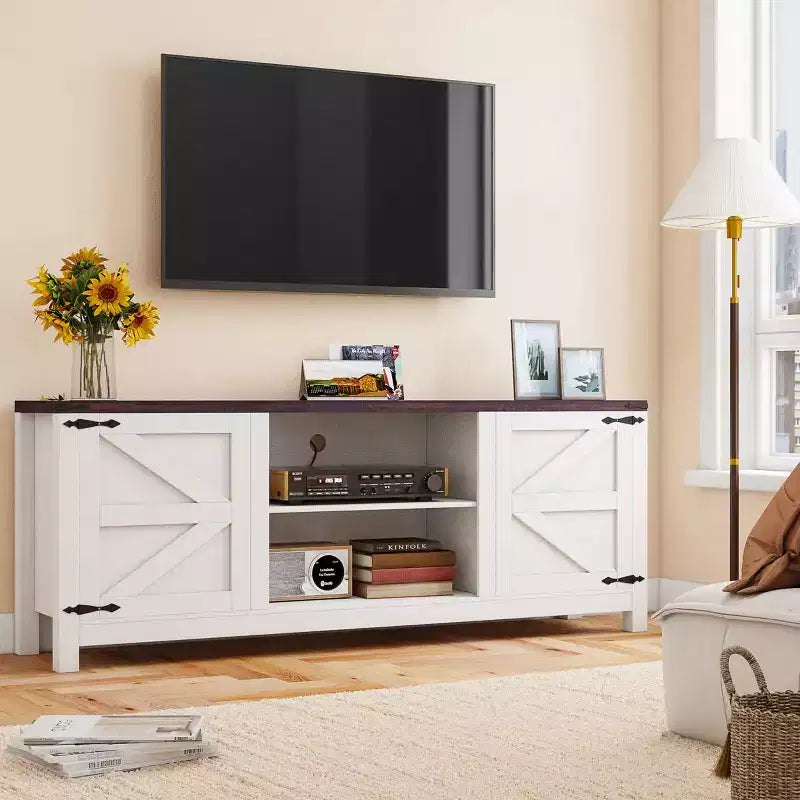 66'' Farmhouse Wood TV Stand with Doors & Adjustable Shelves – Media Console