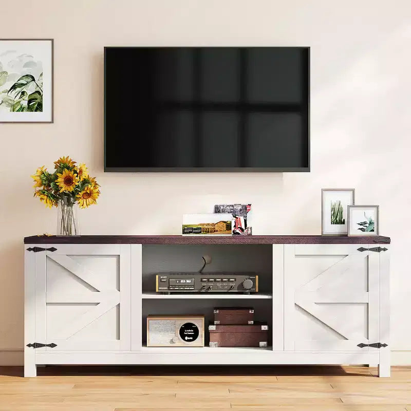 66'' Farmhouse Wood TV Stand with Doors & Adjustable Shelves – Media Console