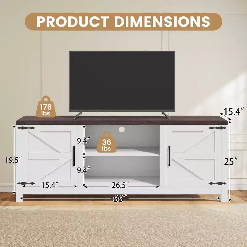 66'' Farmhouse Wood TV Stand with Doors & Adjustable Shelves – Media Console