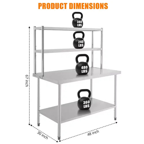Table de préparation alimentaire commerciale en acier inoxydable 30x24'' avec 2 étagères réglables