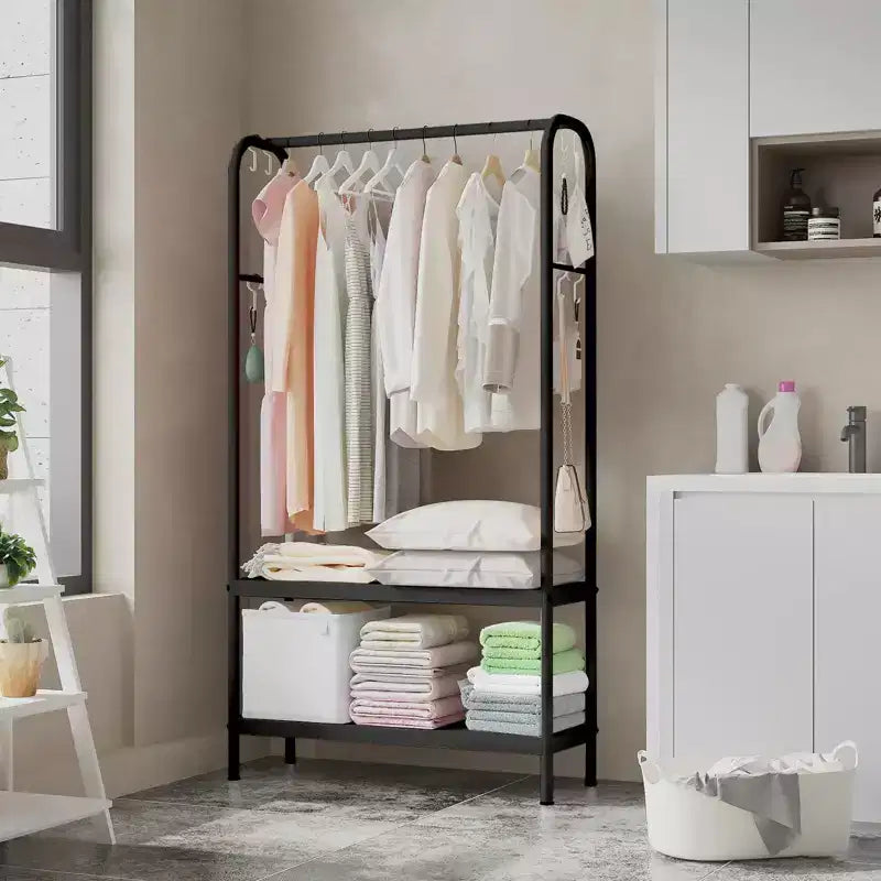 Heavy Duty Freestanding Garment Rack with Double Shelves – Metal Clothing Closet Storage
