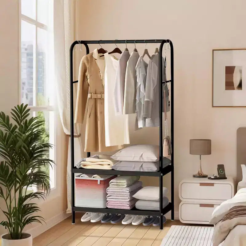 Heavy Duty Freestanding Garment Rack with Double Shelves – Metal Clothing Closet Storage