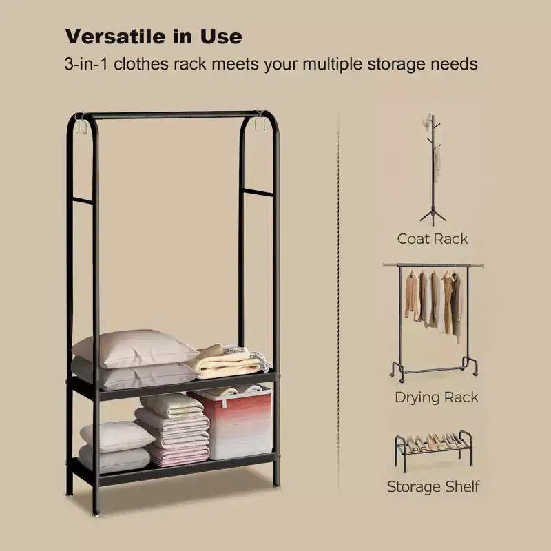 Heavy Duty Freestanding Garment Rack with Double Shelves – Metal Clothing Closet Storage