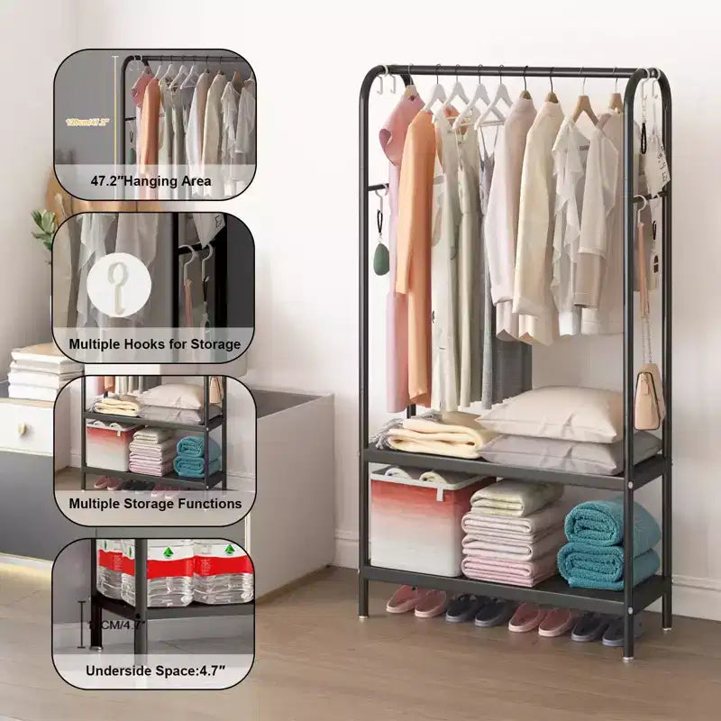 Heavy Duty Freestanding Garment Rack with Double Shelves – Metal Clothing Closet Storage
