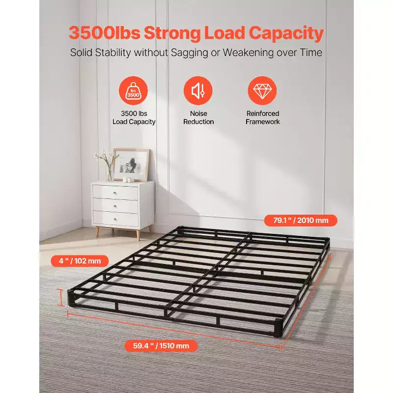 Queen Size Box Spring – 4'' Heavy Duty Metal Frame with Washable Fabric, Black