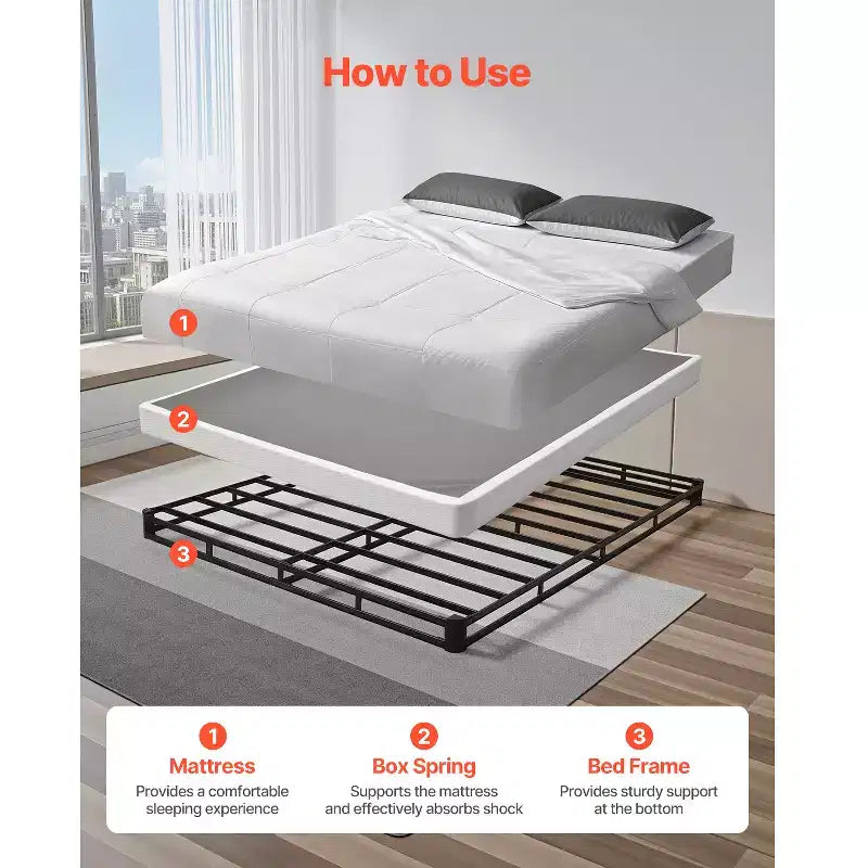 Queen Size Box Spring – 4'' Heavy Duty Metal Frame with Washable Fabric, Black
