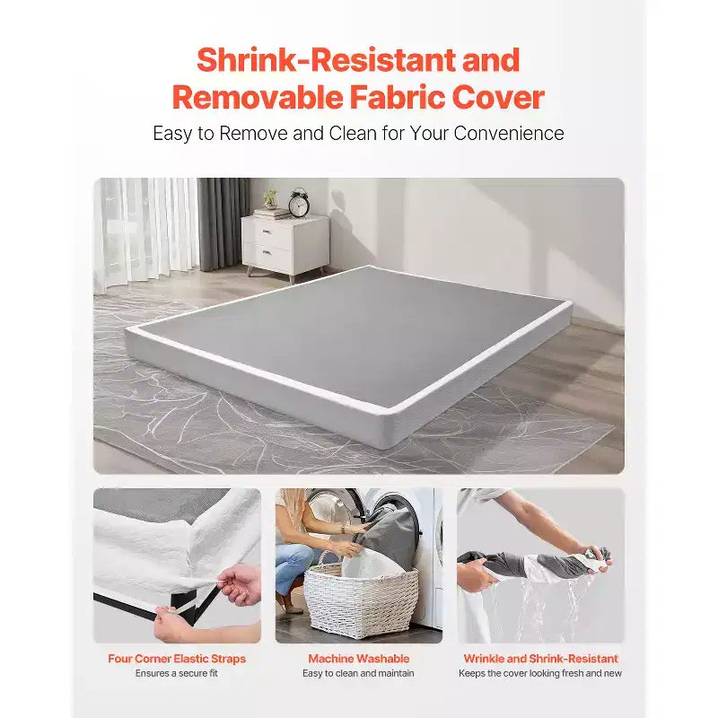 Queen Size Box Spring – 4'' Heavy Duty Metal Frame with Washable Fabric, Black