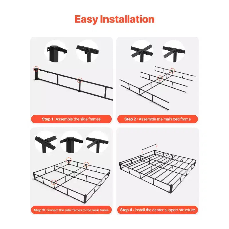 Queen Size Box Spring – 4'' Heavy Duty Metal Frame with Washable Fabric, Black