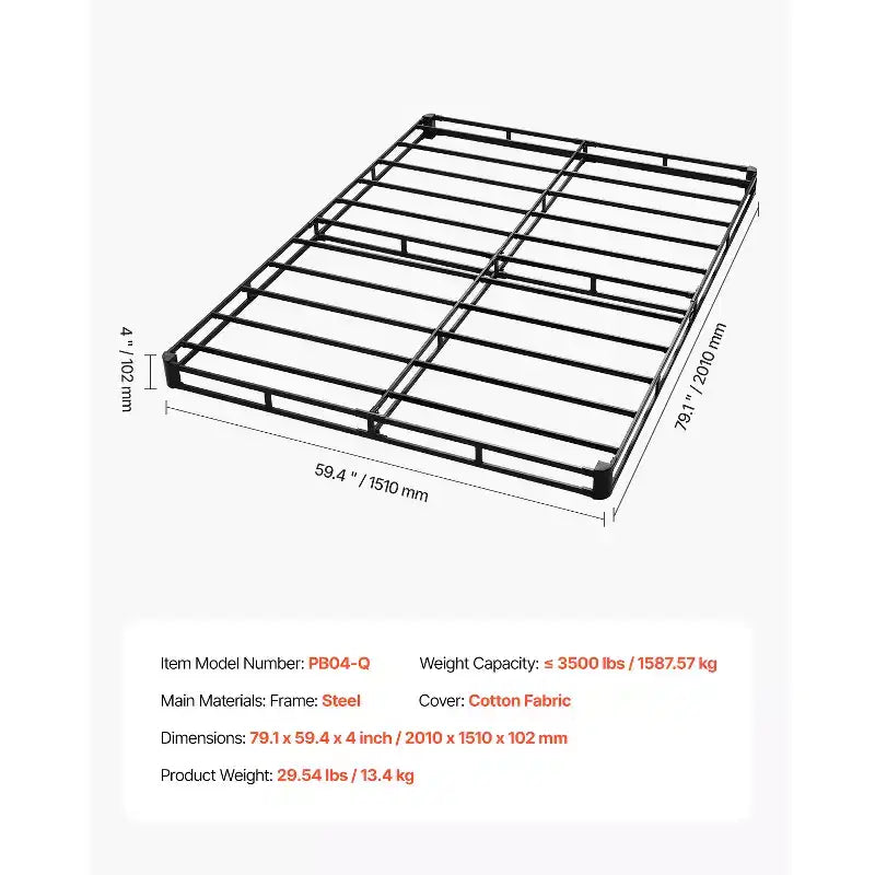 Queen Size Box Spring – 4'' Heavy Duty Metal Frame with Washable Fabric, Black