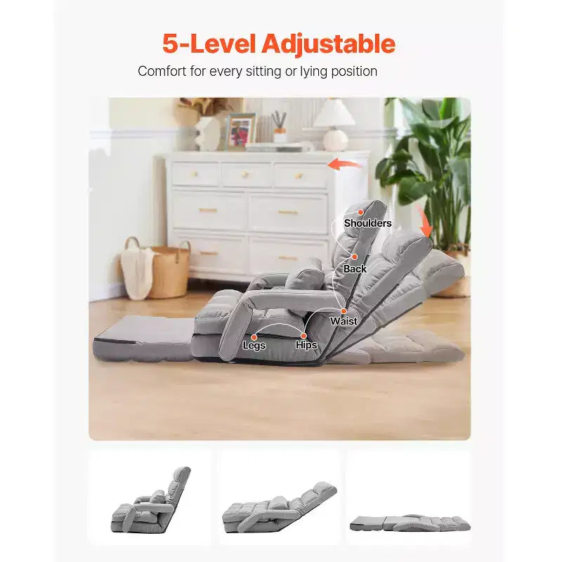 Chaise de sol gaming avec 5 positions réglables et support dorsal – Canapé inclinable gris
