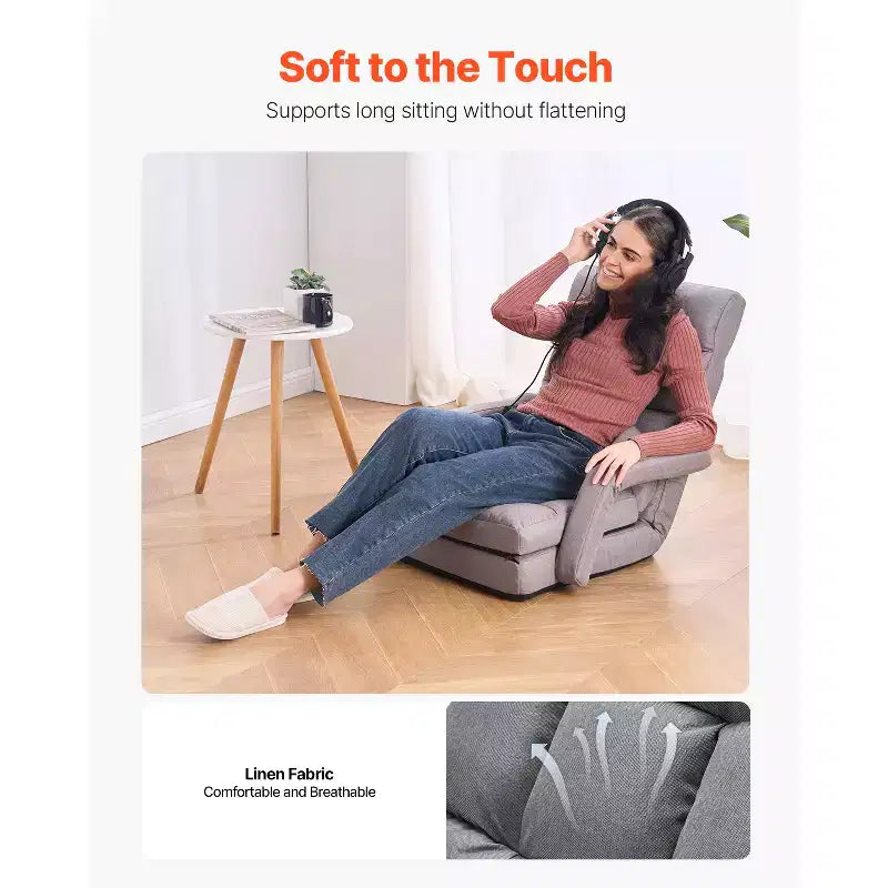 Chaise de sol gaming avec 5 positions réglables et support dorsal – Canapé inclinable gris