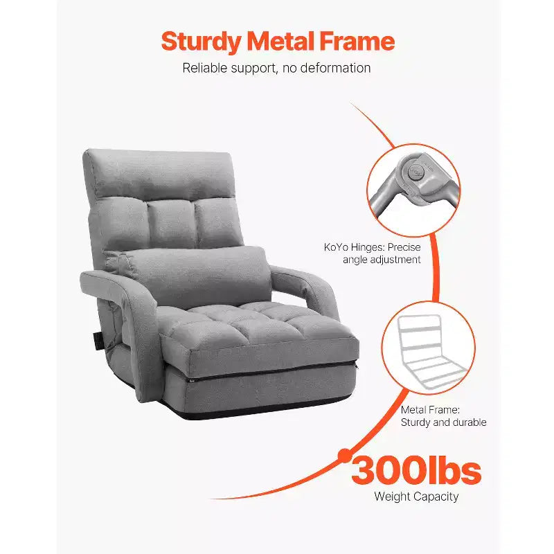 Chaise de sol gaming avec 5 positions réglables et support dorsal – Canapé inclinable gris