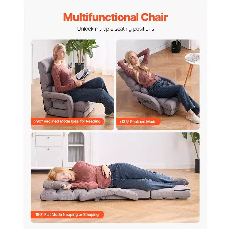 Chaise de sol gaming avec 5 positions réglables et support dorsal – Canapé inclinable gris