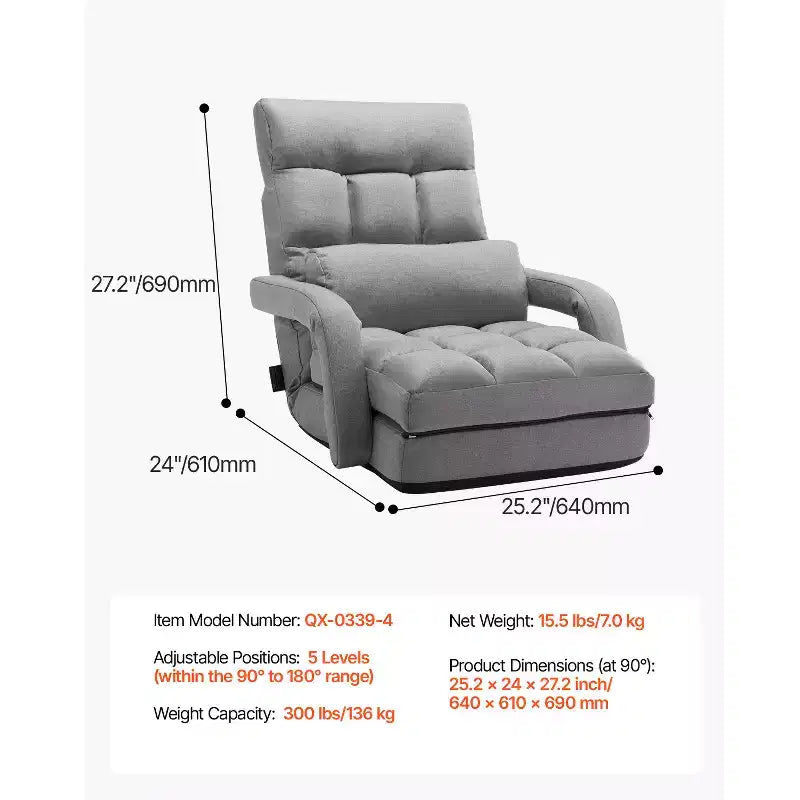 Chaise de sol gaming avec 5 positions réglables et support dorsal – Canapé inclinable gris