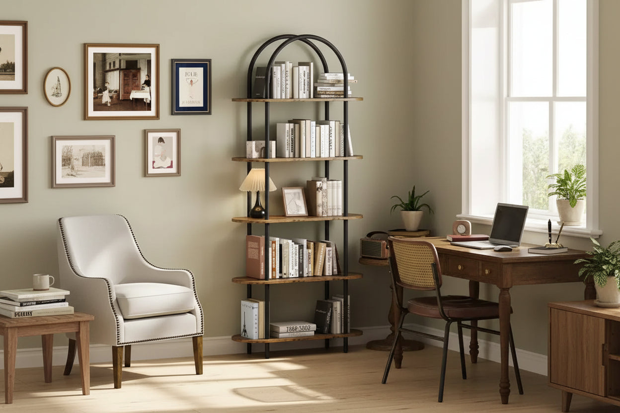 5-Tier Industrial Bookshelf  71 Tall Metal Arch Bookcase with Adjustable Open Shelves, Sturdy Storage for Living Room & Home Office