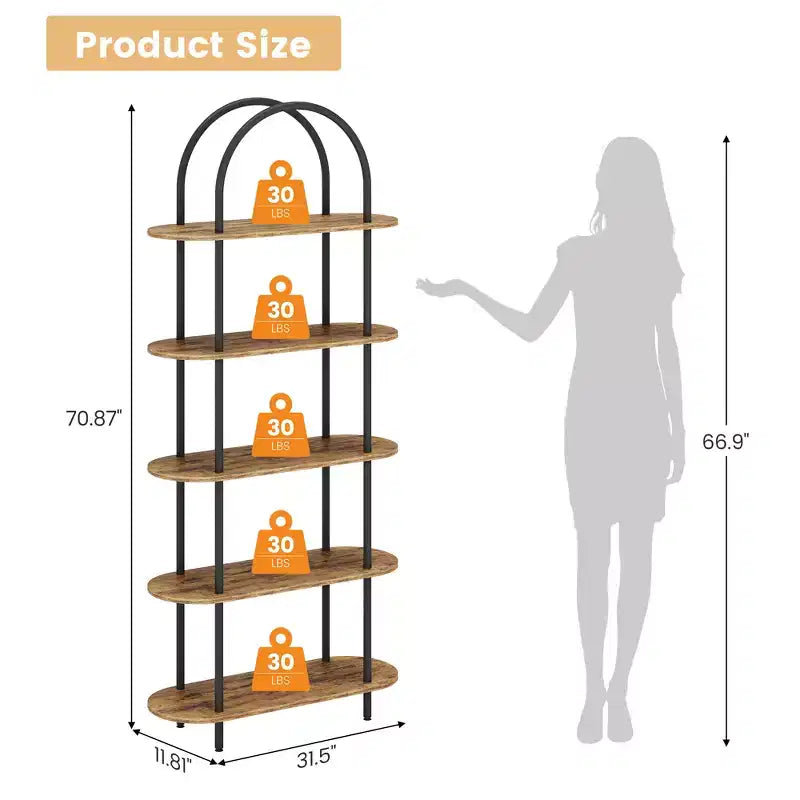 5-Tier Industrial Bookshelf  71 Tall Metal Arch Bookcase with Adjustable Open Shelves, Sturdy Storage for Living Room & Home Office