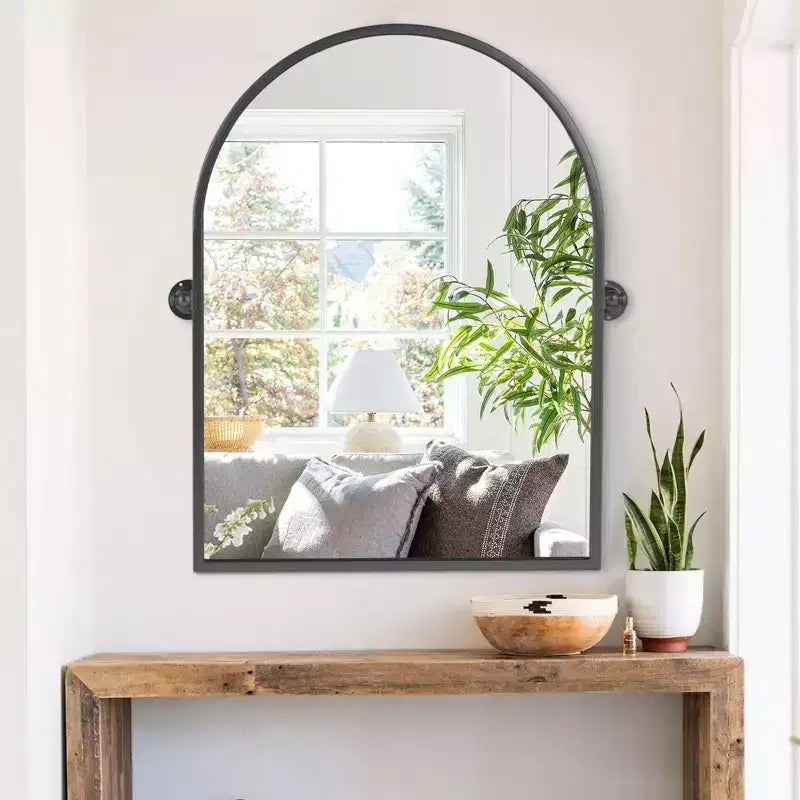 31 In.H X 24 In.W Black Iron Rounded Arched Hardware Hanging Mirror Frame Wall Mirror