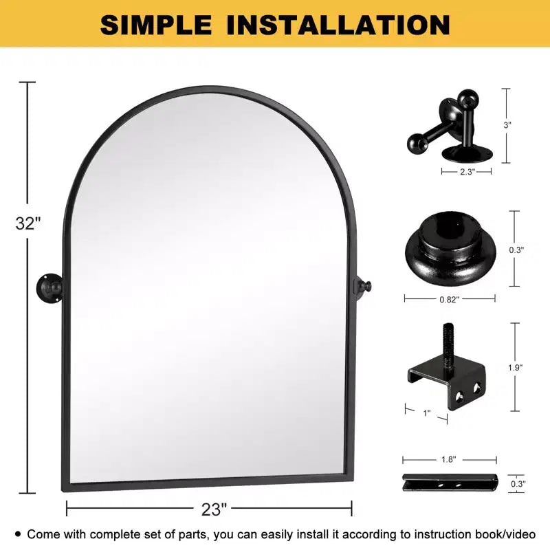 31 In.H X 24 In.W Black Iron Rounded Arched Hardware Hanging Mirror Frame Wall Mirror