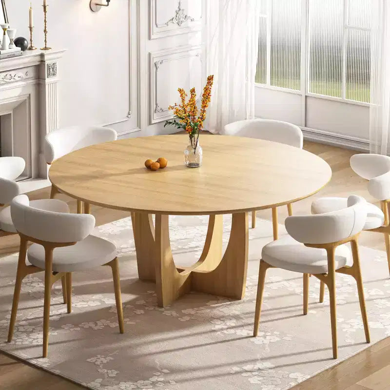 PexFix 59 x 59 Solid Wood Farmhouse Dining Table Round Wood Top with Arched Cross Legs for Modern Dining Rooms & Family Gatherings Natural