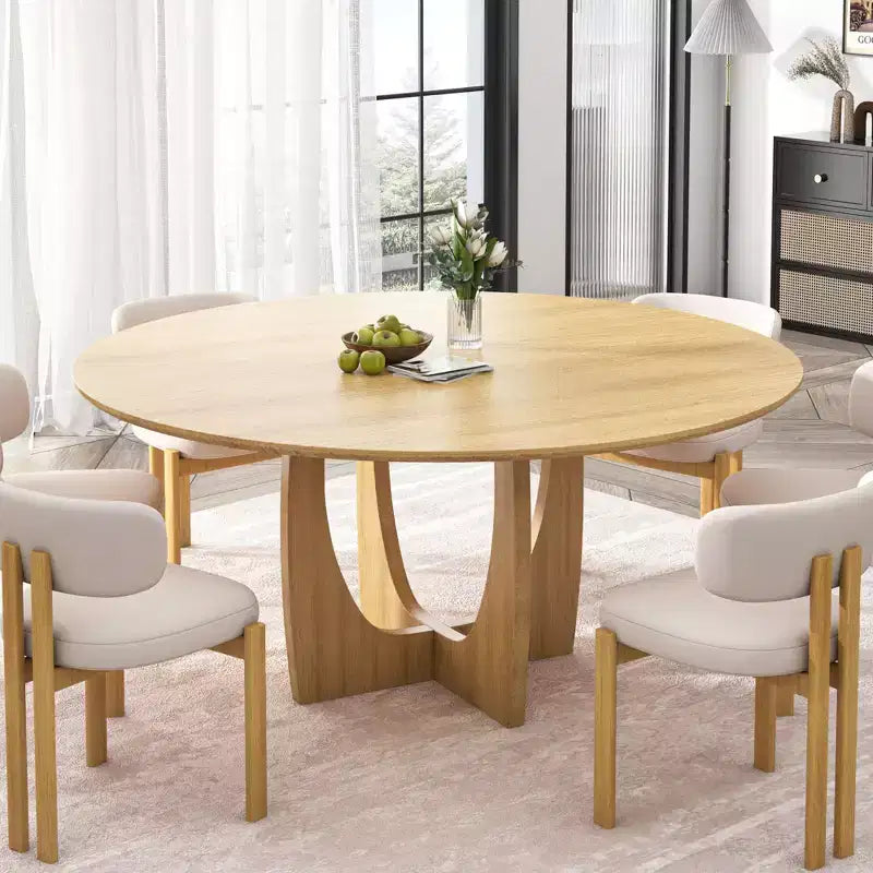 Table de salle à manger de ferme ronde en bois massif de 59 po avec pieds croisés arqués – Naturel