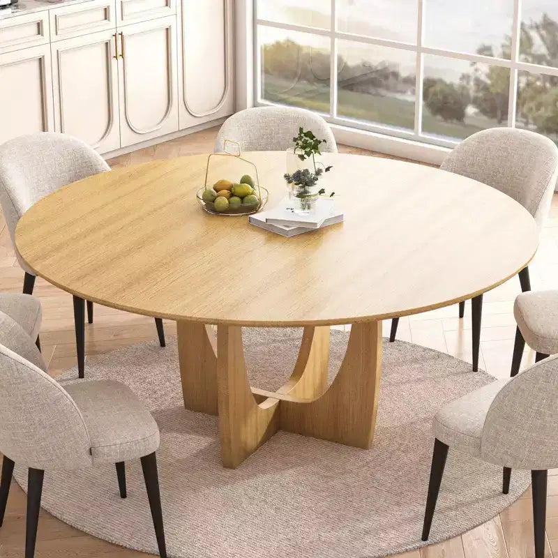 Table de salle à manger de ferme ronde en bois massif de 59 po avec pieds croisés arqués – Naturel