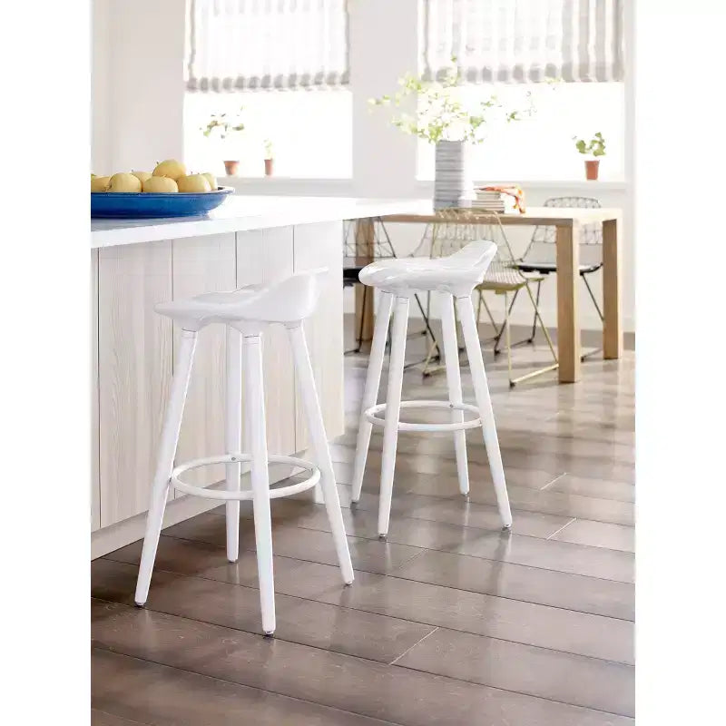 Tabourets de bar modernes à dossier bas – Blanc, pieds en bois, capacité de 120 kg, lot de 2