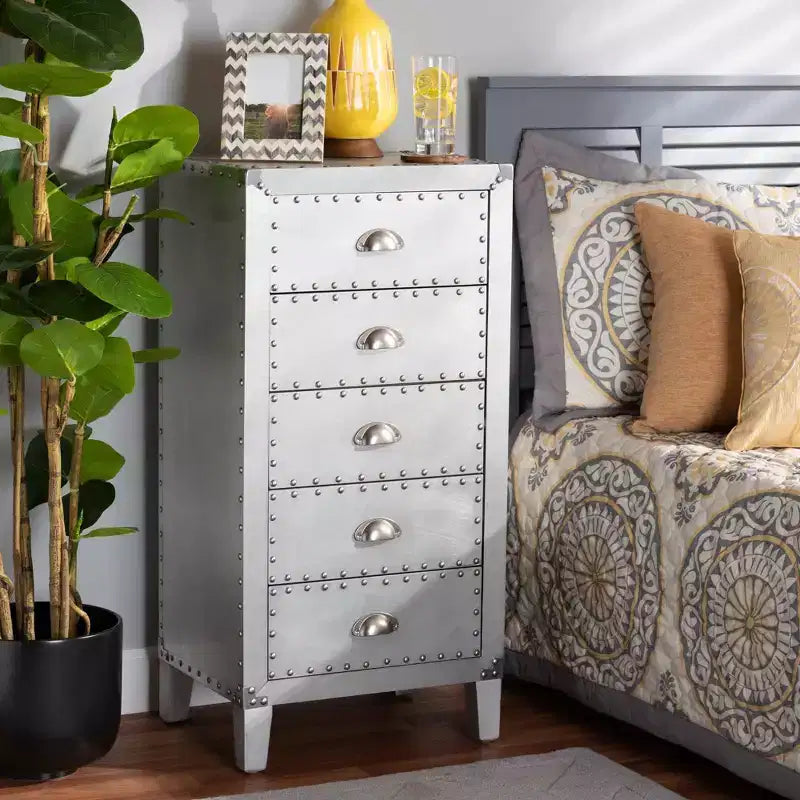 Carrel Metal 5 Drawer Accent Chest Silver - Baxton Studio: Sturdy Bedroom Storage with Rivet Accents