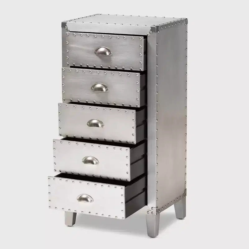 5-Drawer Metal Accent Chest – Silver with Rivet Accents, Bedroom Storage