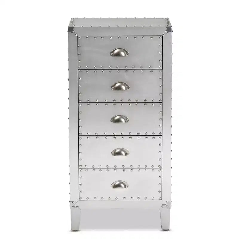 5-Drawer Metal Accent Chest – Silver with Rivet Accents, Bedroom Storage