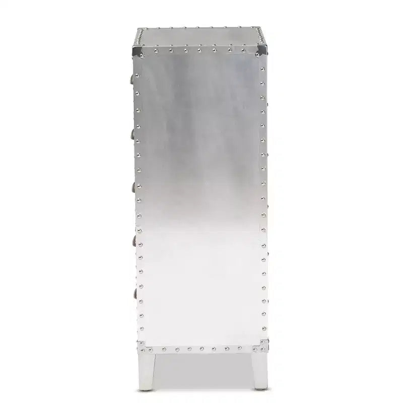 5-Drawer Metal Accent Chest – Silver with Rivet Accents, Bedroom Storage