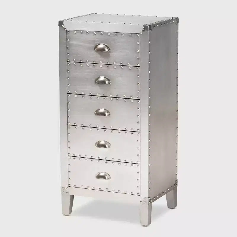 5-Drawer Metal Accent Chest – Silver with Rivet Accents, Bedroom Storage