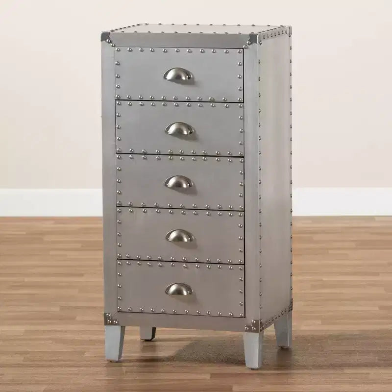 5-Drawer Metal Accent Chest – Silver with Rivet Accents, Bedroom Storage