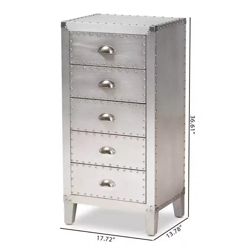5-Drawer Metal Accent Chest – Silver with Rivet Accents, Bedroom Storage