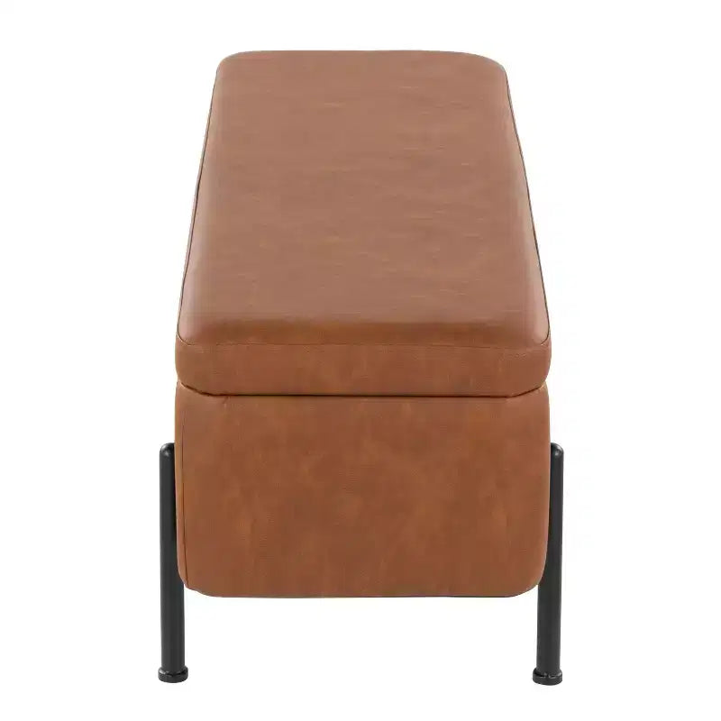 Banc rembourré Daniella – Structure en acier noir avec assise en cuir PU couleur camel