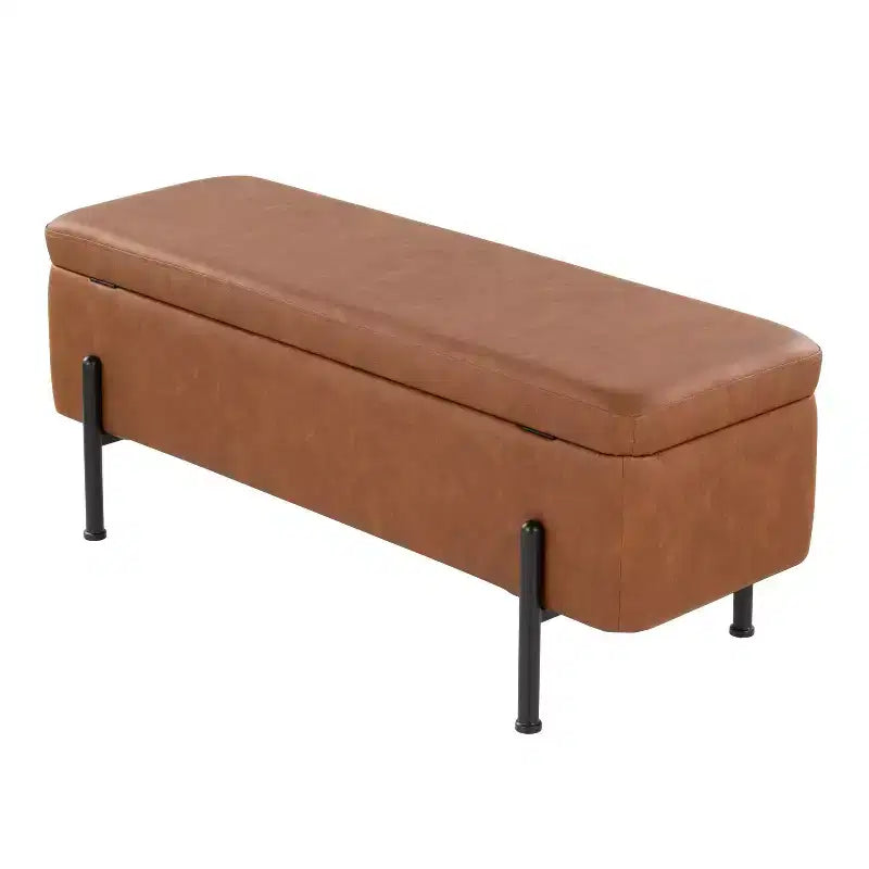 Banc rembourré Daniella – Structure en acier noir avec assise en cuir PU couleur camel